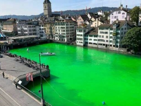 Ecologistas en Suiza ti&ntilde;en de verde el r&iacute;o mas importante del pa&iacute;s en se&ntilde;al de protesta