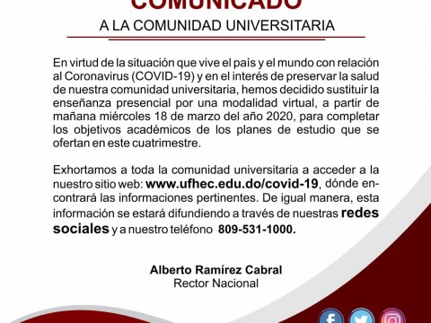 UFHEC sustituye clases presenciales por la modalidad virtual por Covid-19